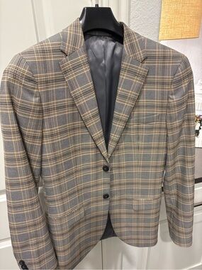 Topman Gray Plaid Sport Coat with Tan Windowpane